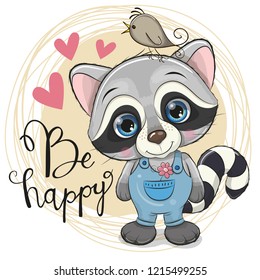 Greeting card Cute Cartoon Raccoon with flower