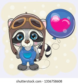Greeting card Cute Cartoon Raccoon Boy in a pilot with blue balloon
