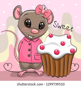 Greeting card Cute Cartoon Rat girl with cake