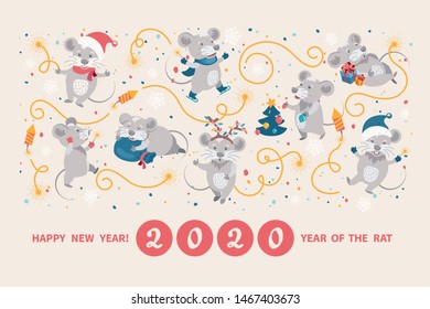 Greeting card with cute cartoon rats, symbol of 2020 Chinese New year. Rats in Santas hats and mittens cheerfully celebrating, decorating the Christmas tree, preparing gifts, lighting sparkler