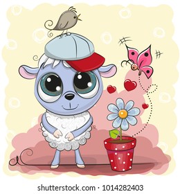 Greeting card cute cartoon Sheep with flower