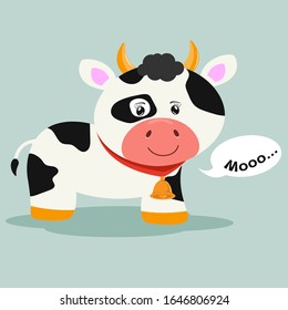 Greeting card cute  cartoon smiling cow with with a bell and inscription moo. Kawaii modern flat style. Graphic element for kids, greeting card, cover, poster and t-shirt. Vector illustration.