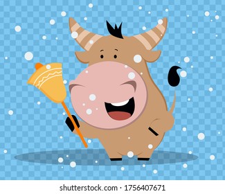 Greeting card cute cartoon smiling cow with with a bell. Kawaii modern flat style. Graphic element for kids. Happy 2021 new year banner. Blue cow head with gold bell on the neck.vector illustration.