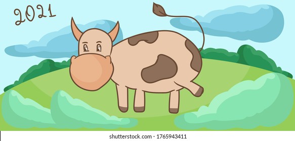 Greeting card cute cartoon smiling cow. Kawaii modern flat style. Graphic element for kids. Happy 2021 new year banner. Cow or bull in the field.vector illustration.