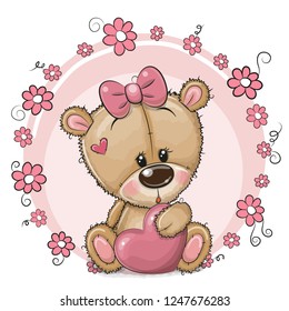 Greeting card Cute cartoon Teddy Bear girl with heart and flowers