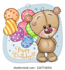 Greeting card Cute Cartoon Teddy Bear with balloons