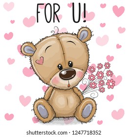 Greeting card Cute Cartoon Teddy Bear with a flowers