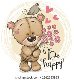 Greeting card Cute Cartoon Teddy Bear with flowers