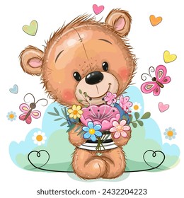 Greeting card Cute Cartoon Teddy Bear with flowers