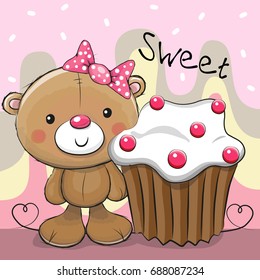 Greeting card Cute Cartoon Teddy Bear with cake