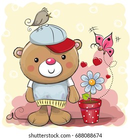 Greeting card cute cartoon Teddy bear with flower