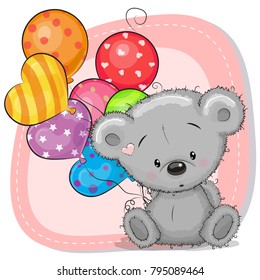 Greeting card Cute Cartoon Teddy Bear with balloons