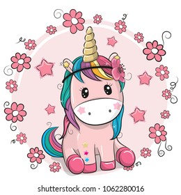 Greeting card Cute Cartoon Unicorn with flowers on a pink background