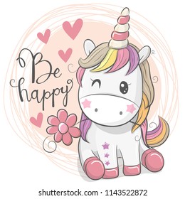 Greeting Card with Cute Cartoon Unicorn with flower