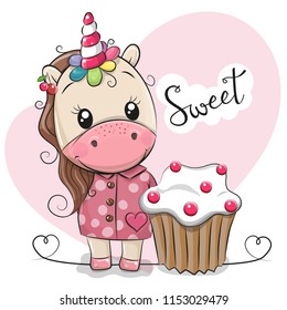 Greeting card Cute Cartoon Unicorn with cake