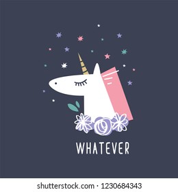 Greeting card with cute cartoon unicorn. Whatever text. Vector illustration.
