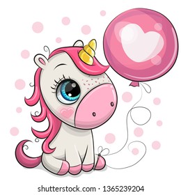 Greeting card Cute Cartoon Unicorn with pink balloon