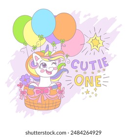 Greeting card with cute cartoon unicorn on air balloons and lettering Cutie One. Vector illustration in trendy pastel colors. Summer concept. For print, poster, cards, t shirt, stickers,clothes design