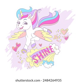 Greeting card with cute cartoon unicorn with wings and lettering Make Your Dreams Come True. Vector illustration in pastel colors. Birthday concept. For print, cards, t shirt, stickers, clothes design
