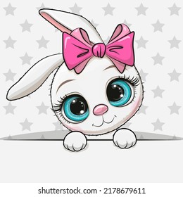 Greeting card cute Cartoon White Rabbit Girl on a stars background
