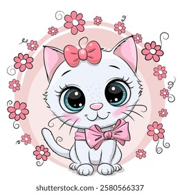 Greeting card Cute Cartoon White Kitten with flowers