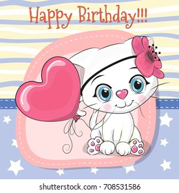 Greeting card Cute Cartoon white kitten with balloon