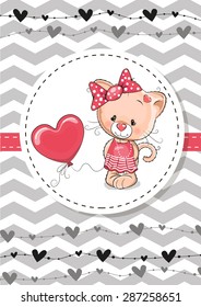 Greeting card Cute Cat with balloon and bonnet
