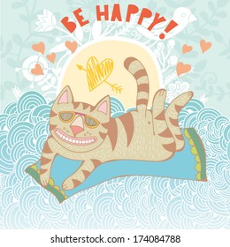 Greeting card with cute cat "Be Happy!" / one of set. 