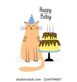 Greeting Card With A Cute Cat And Birthday Cake. Hand Drawn Flat Vector  Illustration And Happy Birthday Lettering. Funny Pet. 