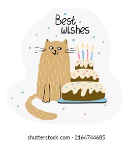 Greeting Card With A Cute Cat And Birthday Cake. Hand Drawn Flat Vector  Illustration And Best Wishes Lettering. Funny Pet. 