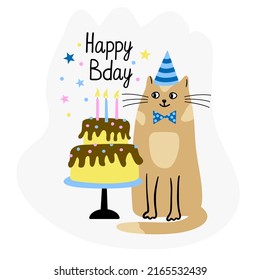 Greeting Card With A Cute Cat And Birthday Cake. Hand Drawn Flat Vector  Illustration And Happy Bday Lettering. Funny Pet. 