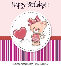 Greeting card Cute Cat with bow and balloon