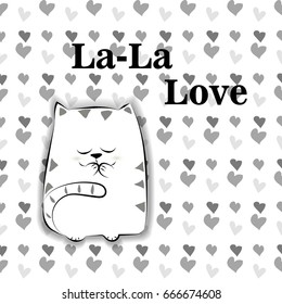 Greeting card with cute cat in cartoon style