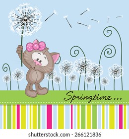 Greeting card Cute Cat with dandelion on a meadow 