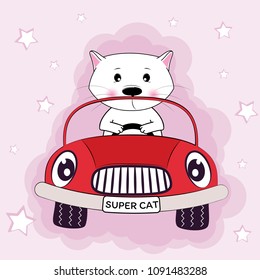 Greeting card cute cat driving a car and pink background. Illustration done in cartoon style.
