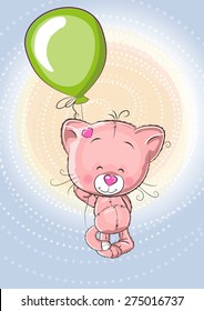 Greeting card Cute Cat fly on a balloon
