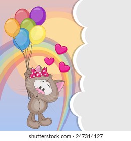 Greeting card Cute Cat is flying on balloons 