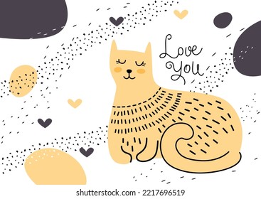 Greeting card with cute cat and hand drawn lettering Love you. Vector illustration.