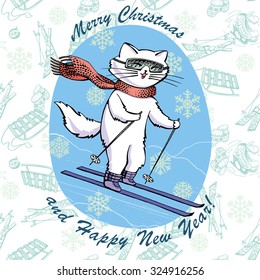 Greeting card with cute cat. Happy Smile. Winter sports. Illustration with hand drawn doodle ornate with ice skates, ski, mittens, snowflakes and colored vector cat. Marry Christmas and Happy New Year
