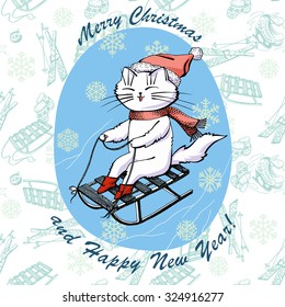 Greeting card with cute cat. Happy Smile. Winter sports. Illustration with hand drawn doodle ornate with ice skates, ski, mittens, snowflakes and colored vector cat. Marry Christmas and Happy New Year