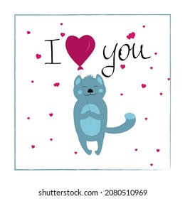 
Greeting card of cute cat with heart shaped balloons.Lettering I love you