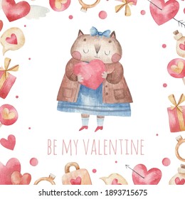 greeting card cute cat in love hugs a heart, children's illustration for Valentine's Day