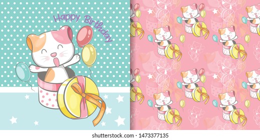 greeting card with cute cat and pattern set