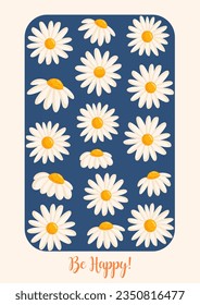 Greeting card with cute chamomile flowers. Botanical vector isolated illustration for postcard, poster, ad, decor, fabric and other uses.