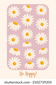 Greeting card with cute chamomile flowers. Botanical vector isolated illustration for postcard, poster, ad, decor, fabric and other uses.