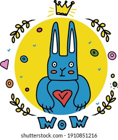 A greeting card. Cute character blue hare with heart in hand and handmade crown. Fantasy animal. Illustration doodle. Unusual declaration of love.