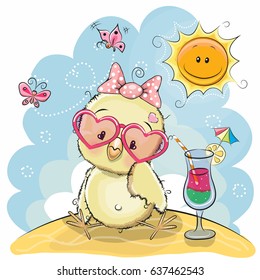 Greeting card Cute Chick in sun glasses on the beach