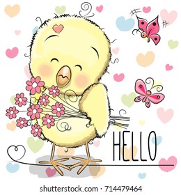 Greeting card cute Chicken with flowers on the hearts background
