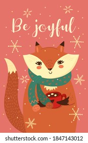 Greeting card with a cute Christmas fox. Vector graphics.