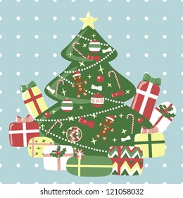 Greeting card with cute christmas tree and gifts